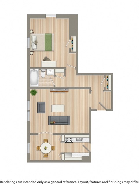 one bedroom apartment floor plan rendering at 4031 davis place apartments in washington dc